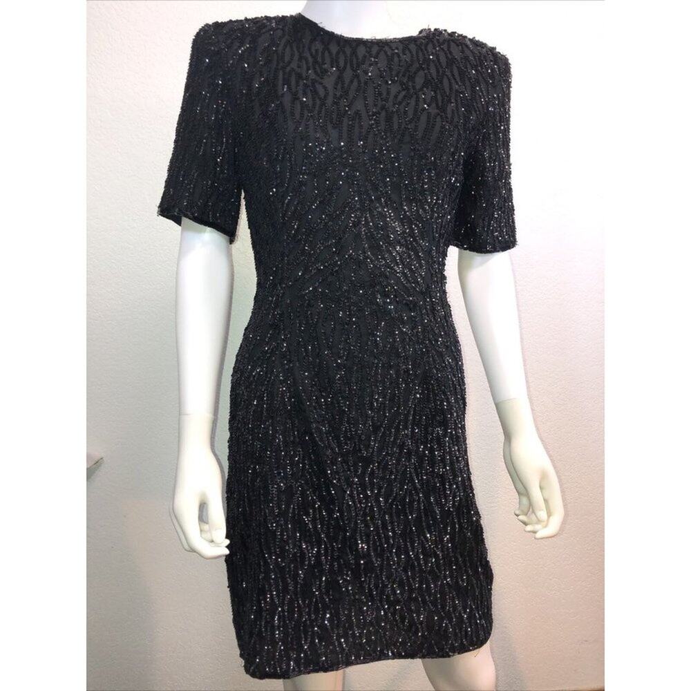 NWT Stenay Black Short Sleeve Sequins & Beads Silk Dress Sz 10 Bust 38" NEW - Picture 6 of 10
